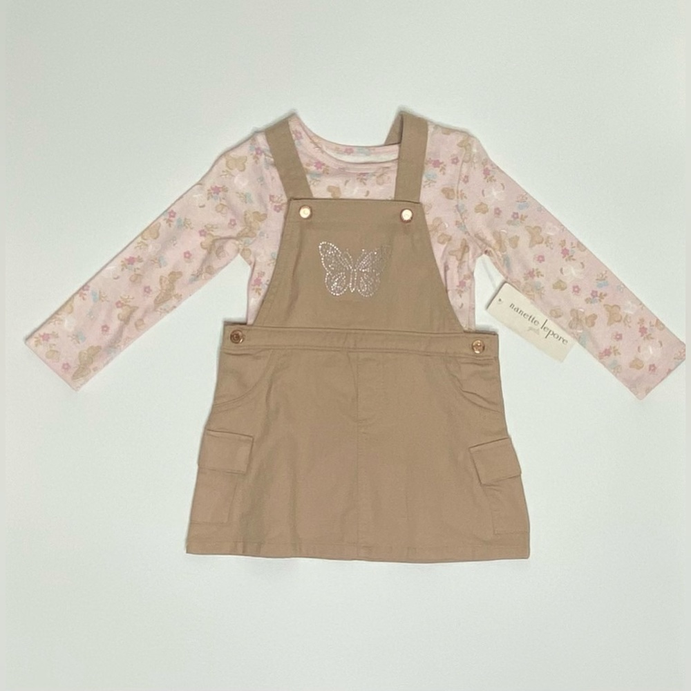Nanette Lepore Beige Denim Jumper with Pink Butterfly Top and side pockets 2T